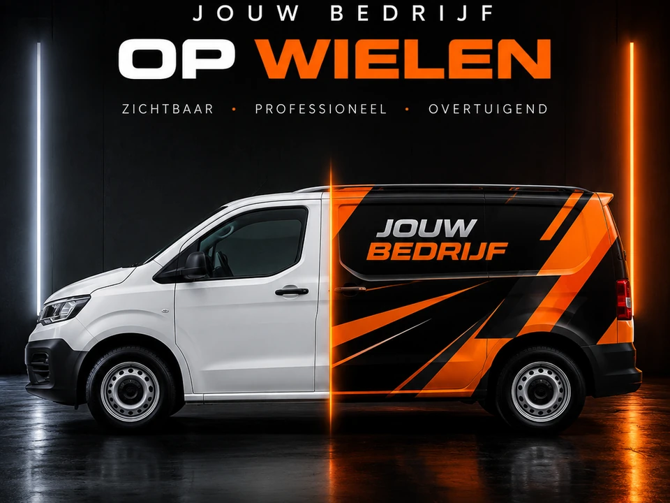 Bedrijfsbus in voor-en-na-vergelijking: de voorkant nog wit, de achterkant in een oranje-zwarte foliewrap